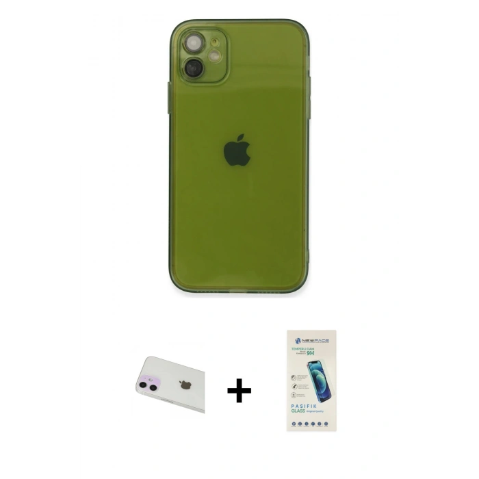 MARSİLYAN™- iPhone 12 Kılıf Ahenk Doku - Şeffaf Pasifik Cam Ekran Koruyucu + Rainbow Kamera Lens Koruma Cam - MR