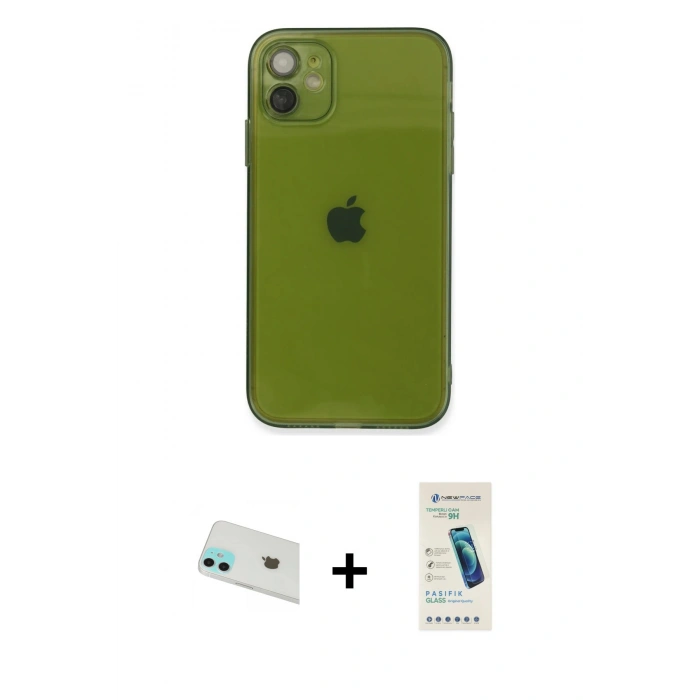 MARSİLYAN™- iPhone 12 Kılıf Ahenk Doku - Şeffaf Pasifik Cam Ekran Koruyucu + Rainbow Kamera Lens Koruma Cam - YL
