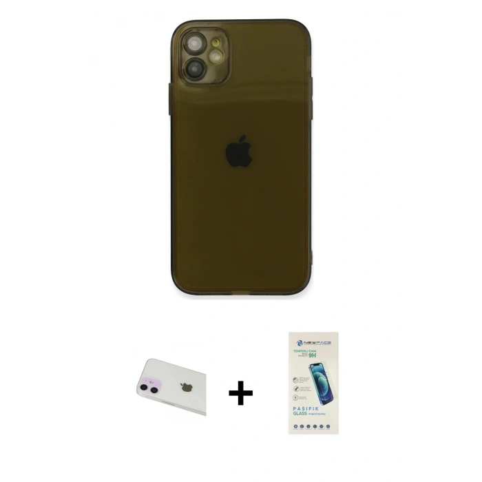 MARSİLYAN™- iPhone 12 Kılıf Ahenk Doku - Şeffaf Pasifik Cam Ekran Koruyucu + Rainbow Kamera Lens Koruma Cam - MR