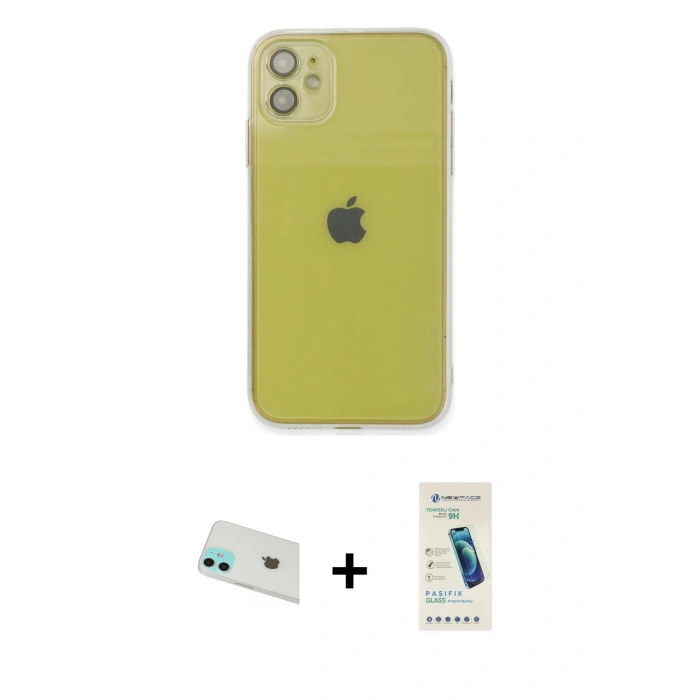 MARSİLYAN™- iPhone 12 Kılıf Ahenk Doku - Şeffaf Pasifik Cam Ekran Koruyucu + Rainbow Kamera Lens Koruma Cam - YL