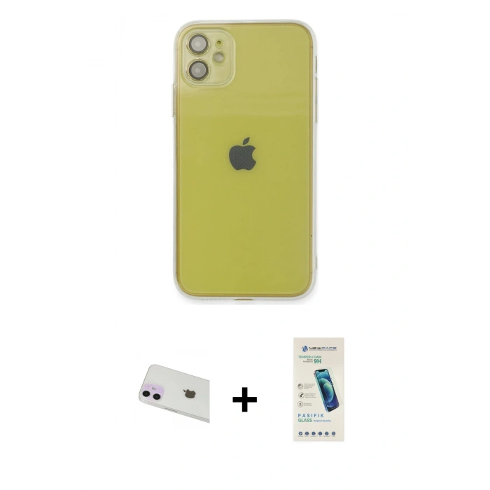 MARSİLYAN™- iPhone 12 Kılıf Ahenk Doku - Şeffaf Pasifik Cam Ekran Koruyucu + Rainbow Kamera Lens Koruma Cam - MR