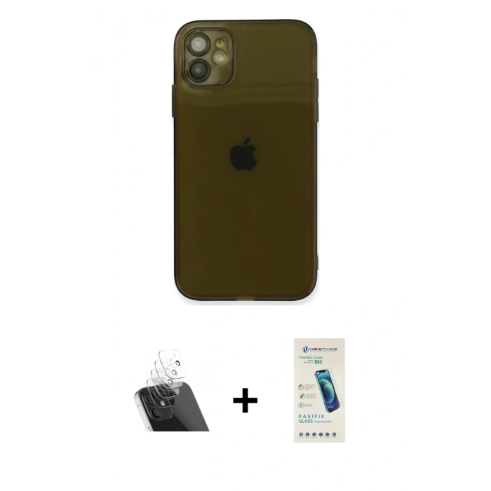 MARSİLYAN™- iPhone 12 Kılıf Ahenk Doku - Şeffaf Pasifik Cam Ekran Koruyucu + Kamera Lens Koruma Cam - SF