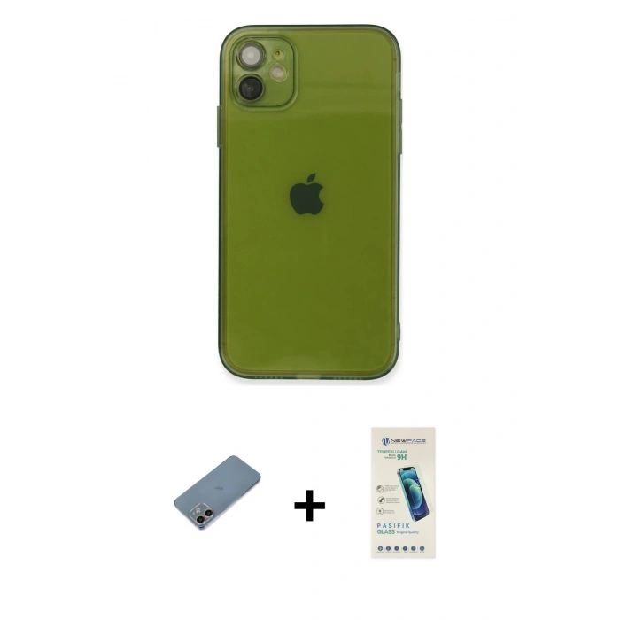 MARSİLYAN™- iPhone 12 Kılıf Ahenk Doku - Şeffaf Pasifik Cam Ekran Koruyucu + Shine Kamera Lens Koruma Cam - GI