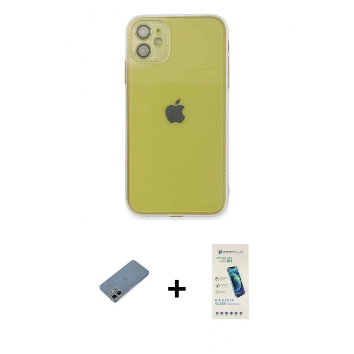 MARSİLYAN™- iPhone 12 Kılıf Ahenk Doku - Şeffaf Pasifik Cam Ekran Koruyucu + Shine Kamera Lens Koruma Cam - GI
