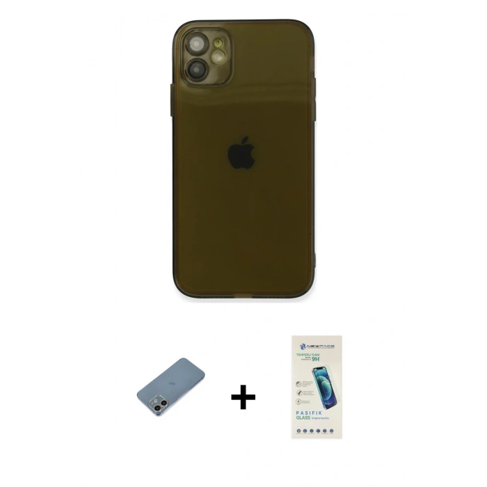 MARSİLYAN™- iPhone 12 Kılıf Ahenk Doku - Şeffaf Pasifik Cam Ekran Koruyucu + Shine Kamera Lens Koruma Cam - GI