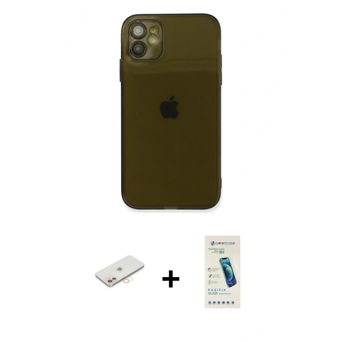 MARSİLYAN™- iPhone 12 Kılıf Ahenk Doku - Şeffaf Pasifik Cam Ekran Koruyucu + Renkli Kamera Lens Koruma Cam - YL