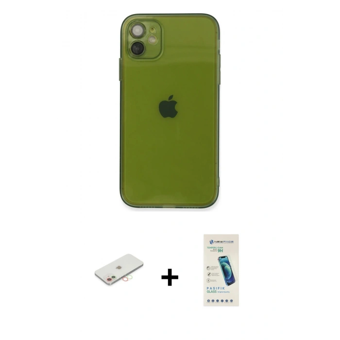 MARSİLYAN™- iPhone 12 Kılıf Ahenk Doku - Şeffaf Pasifik Cam Ekran Koruyucu + Renkli Kamera Lens Koruma Cam - YL