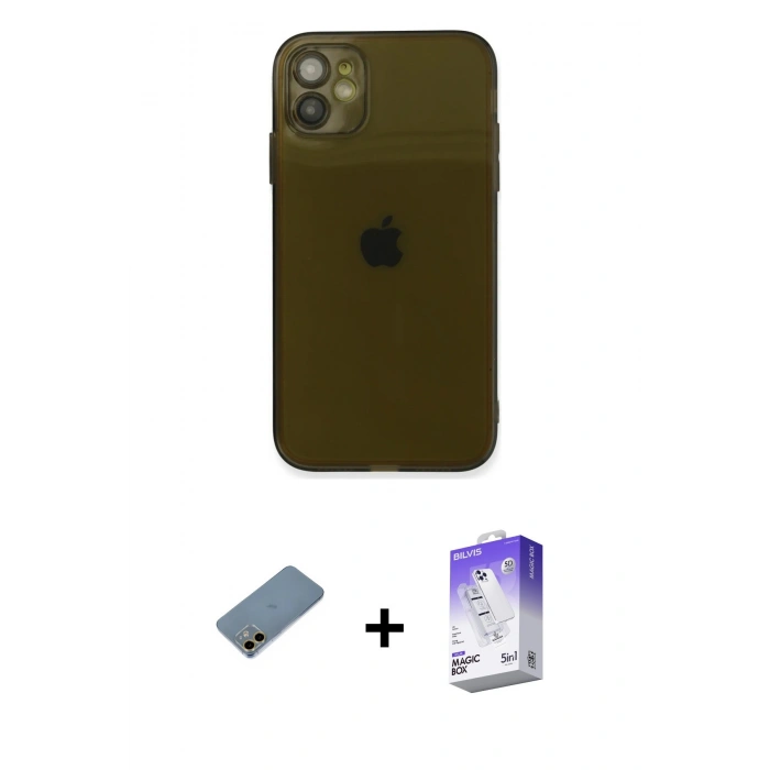 MARSİLYAN™- iPhone 12 Kılıf Ahenk Doku - Siyah Bilvis 5in1 3D Magic Cam Ekran Koruyucu + Shine Kamera Lens Koruma Cam - GD