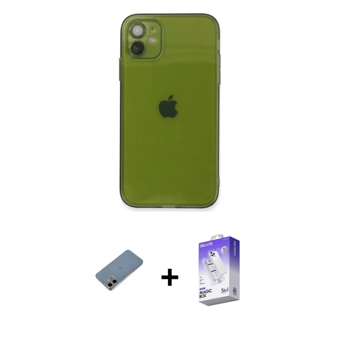 MARSİLYAN™- iPhone 12 Kılıf Ahenk Doku - Siyah Bilvis 5in1 3D Magic Cam Ekran Koruyucu + Shine Kamera Lens Koruma Cam - GD