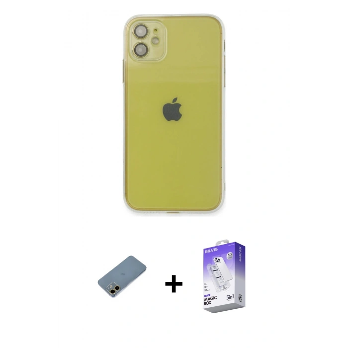 MARSİLYAN™- iPhone 12 Kılıf Ahenk Doku - Siyah Bilvis 5in1 3D Magic Cam Ekran Koruyucu + Shine Kamera Lens Koruma Cam - GD