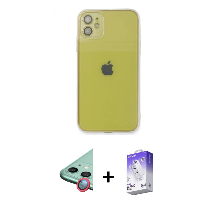 MARSİLYAN™- iPhone 12 Kılıf Ahenk Doku - Siyah Bilvis 5in1 3D Magic Cam Ekran Koruyucu + Raze Metal Kamera Lens - KI