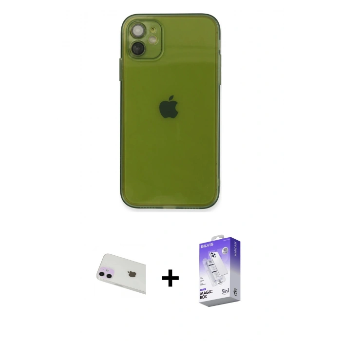 MARSİLYAN™- iPhone 12 Kılıf Ahenk Doku - Siyah Bilvis 5in1 3D Magic Cam Ekran Koruyucu + Rainbow Kamera Lens Koruma Cam - MR