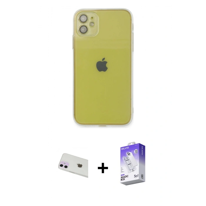 MARSİLYAN™- iPhone 12 Kılıf Ahenk Doku - Siyah Bilvis 5in1 3D Magic Cam Ekran Koruyucu + Rainbow Kamera Lens Koruma Cam - MR