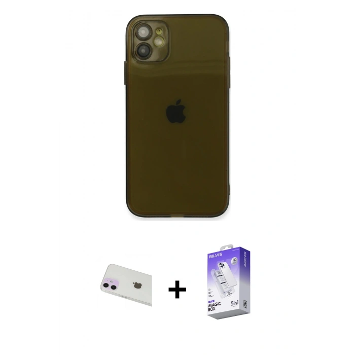 MARSİLYAN™- iPhone 12 Kılıf Ahenk Doku - Siyah Bilvis 5in1 3D Magic Cam Ekran Koruyucu + Rainbow Kamera Lens Koruma Cam - MR