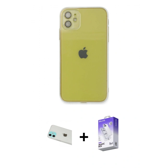 MARSİLYAN™- iPhone 12 Kılıf Ahenk Doku - Siyah Bilvis 5in1 3D Magic Cam Ekran Koruyucu + Rainbow Kamera Lens Koruma Cam - YL