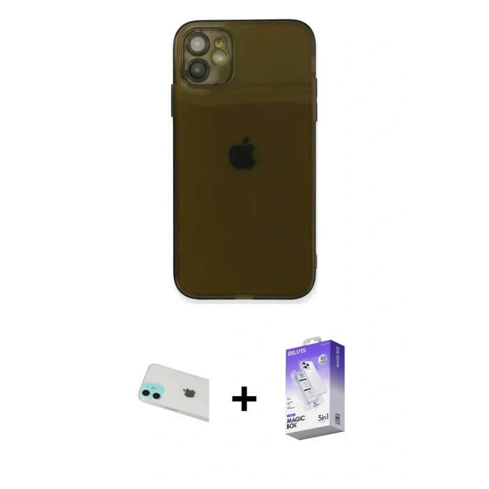 MARSİLYAN™- iPhone 12 Kılıf Ahenk Doku - Siyah Bilvis 5in1 3D Magic Cam Ekran Koruyucu + Rainbow Kamera Lens Koruma Cam - YL