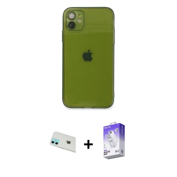 MARSİLYAN™- iPhone 12 Kılıf Ahenk Doku - Siyah Bilvis 5in1 3D Magic Cam Ekran Koruyucu + Rainbow Kamera Lens Koruma Cam - YL