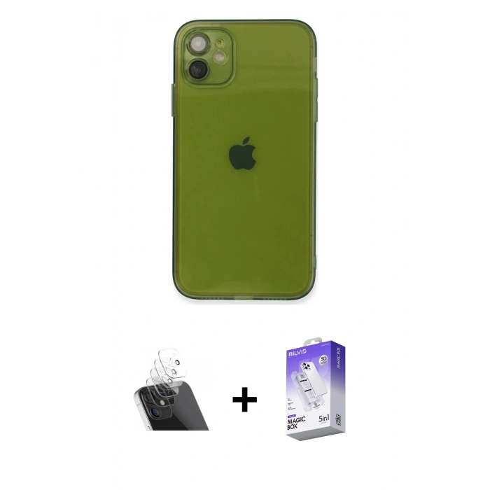 MARSİLYAN™- iPhone 12 Kılıf Ahenk Doku - Siyah Bilvis 5in1 3D Magic Cam Ekran Koruyucu + Kamera Lens Koruma Cam - SF
