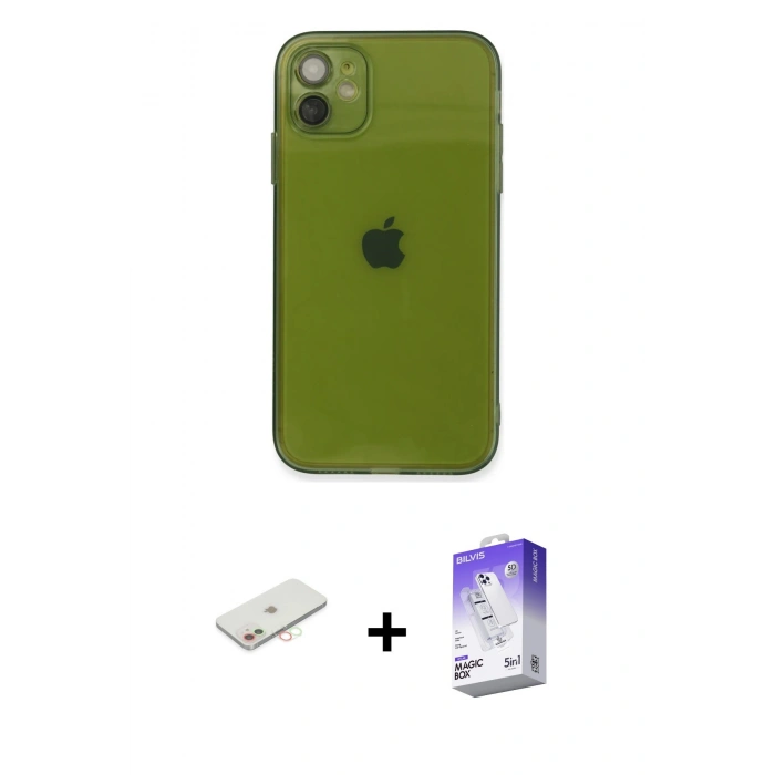 MARSİLYAN™- iPhone 12 Kılıf Ahenk Doku - Siyah Bilvis 5in1 3D Magic Cam Ekran Koruyucu + Renkli Kamera Lens Koruma Cam - YL