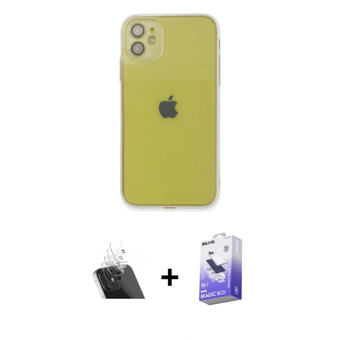 MARSİLYAN™- iPhone 12 Kılıf Ahenk Doku - Siyah Bilvis 5in1 5D Magic Hayalet Cam Ekran Koruyucu + Kamera Lens Koruma Cam - SF