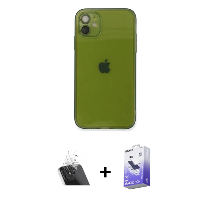 MARSİLYAN™- iPhone 12 Kılıf Ahenk Doku - Siyah Bilvis 5in1 5D Magic Hayalet Cam Ekran Koruyucu + Kamera Lens Koruma Cam - SF