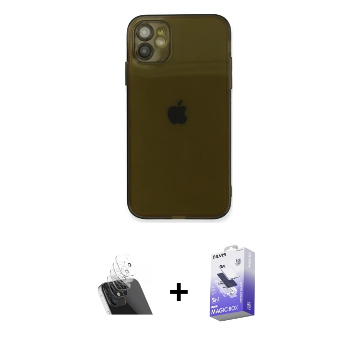 MARSİLYAN™- iPhone 12 Kılıf Ahenk Doku - Siyah Bilvis 5in1 5D Magic Hayalet Cam Ekran Koruyucu + Kamera Lens Koruma Cam - SF