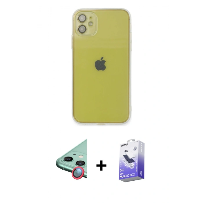 MARSİLYAN™- iPhone 12 Kılıf Ahenk Doku - Siyah Bilvis 5in1 5D Magic Hayalet Cam Ekran Koruyucu + Raze Metal Kamera Lens - KI
