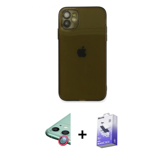 MARSİLYAN™- iPhone 12 Kılıf Ahenk Doku - Siyah Bilvis 5in1 5D Magic Hayalet Cam Ekran Koruyucu + Raze Metal Kamera Lens - KI