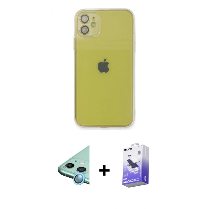 MARSİLYAN™- iPhone 12 Kılıf Ahenk Doku - Siyah Bilvis 5in1 5D Magic Hayalet Cam Ekran Koruyucu + Raze Metal Kamera Lens - MI