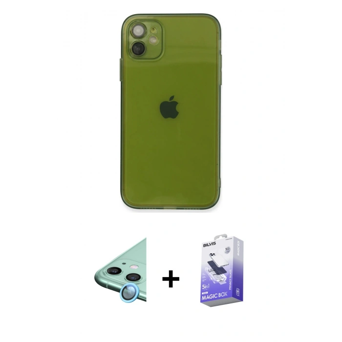 MARSİLYAN™- iPhone 12 Kılıf Ahenk Doku - Siyah Bilvis 5in1 5D Magic Hayalet Cam Ekran Koruyucu + Raze Metal Kamera Lens - MI