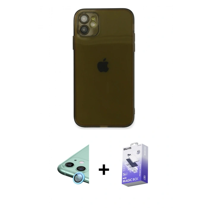 MARSİLYAN™- iPhone 12 Kılıf Ahenk Doku - Siyah Bilvis 5in1 5D Magic Hayalet Cam Ekran Koruyucu + Raze Metal Kamera Lens - MI