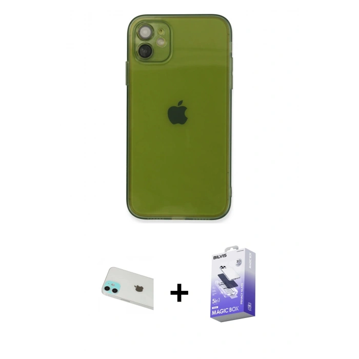 MARSİLYAN™- iPhone 12 Kılıf Ahenk Doku - Siyah Bilvis 5in1 5D Magic Hayalet Cam Ekran Koruyucu + Rainbow Kamera Lens Koruma Cam - YL