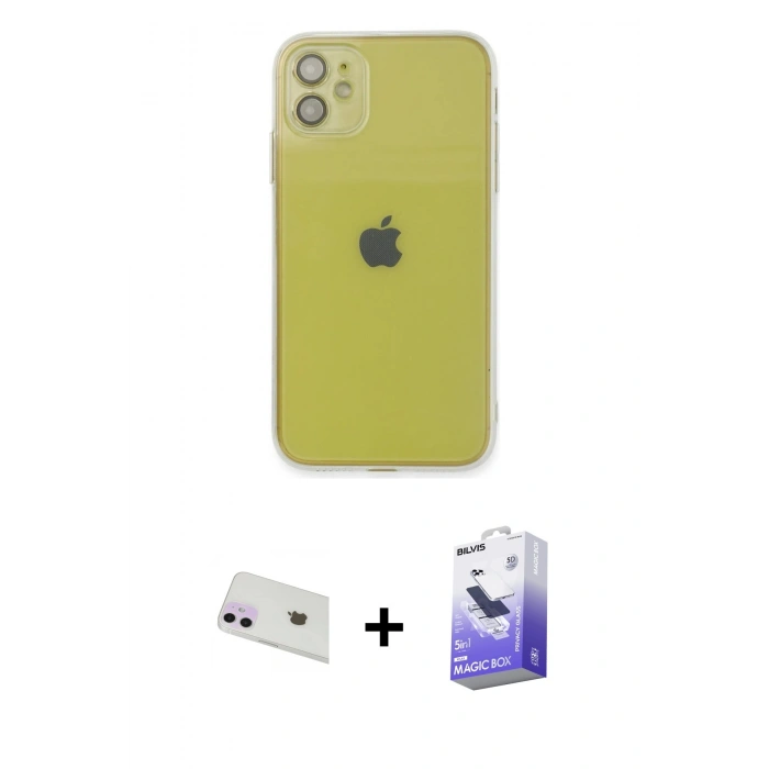MARSİLYAN™- iPhone 12 Kılıf Ahenk Doku - Siyah Bilvis 5in1 5D Magic Hayalet Cam Ekran Koruyucu + Rainbow Kamera Lens Koruma Cam - MR