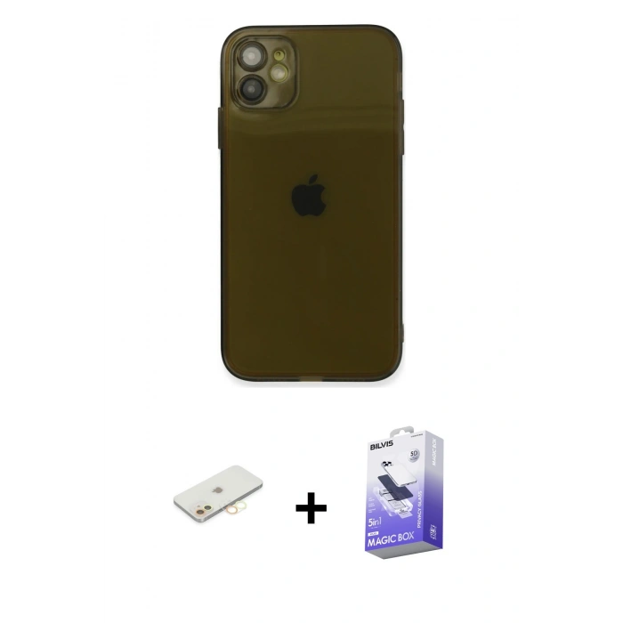 MARSİLYAN™- iPhone 12 Kılıf Ahenk Doku - Siyah Bilvis 5in1 5D Magic Hayalet Cam Ekran Koruyucu + Renkli Kamera Lens Koruma Cam - SI