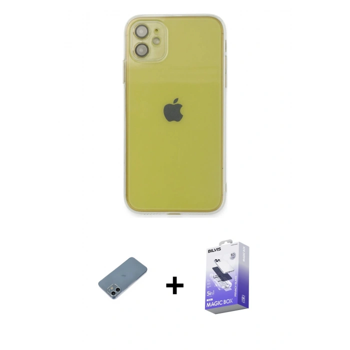 MARSİLYAN™- iPhone 12 Kılıf Ahenk Doku - Siyah Bilvis 5in1 5D Magic Hayalet Cam Ekran Koruyucu + Shine Kamera Lens Koruma Cam - SABE