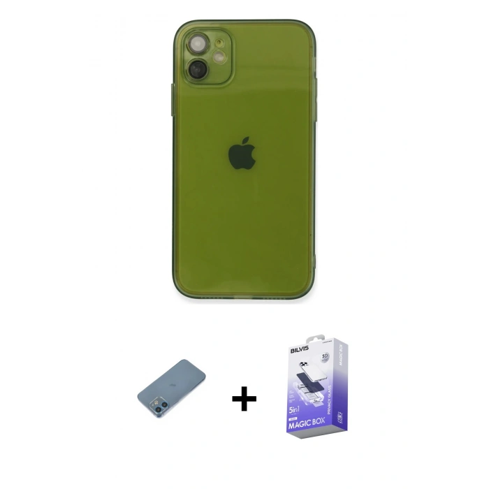 MARSİLYAN™- iPhone 12 Kılıf Ahenk Doku - Siyah Bilvis 5in1 5D Magic Hayalet Cam Ekran Koruyucu + Shine Kamera Lens Koruma Cam - MI
