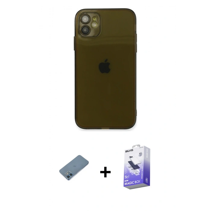 MARSİLYAN™- iPhone 12 Kılıf Ahenk Doku - Siyah Bilvis 5in1 5D Magic Hayalet Cam Ekran Koruyucu + Shine Kamera Lens Koruma Cam - MI