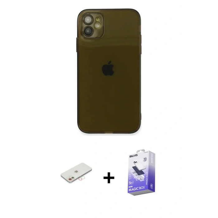 MARSİLYAN™- iPhone 12 Kılıf Ahenk Doku - Siyah Bilvis 5in1 5D Magic Hayalet Cam Ekran Koruyucu + Renkli Kamera Lens Koruma Cam - YL