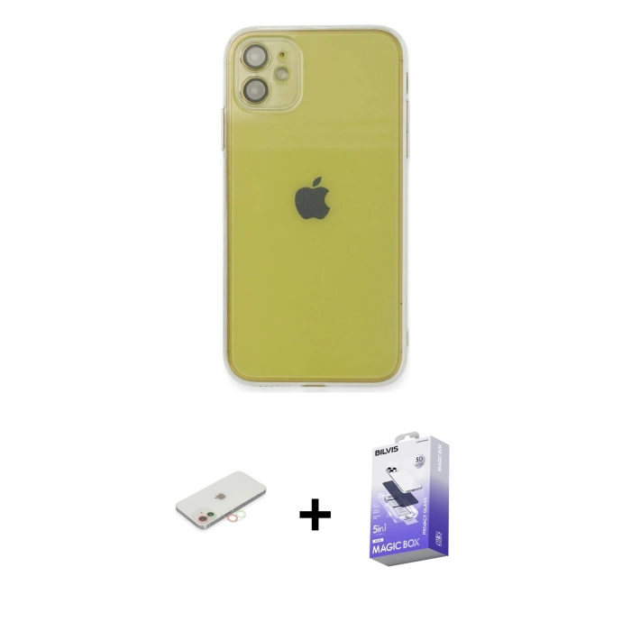 MARSİLYAN™- iPhone 12 Kılıf Ahenk Doku - Siyah Bilvis 5in1 5D Magic Hayalet Cam Ekran Koruyucu + Renkli Kamera Lens Koruma Cam - YL