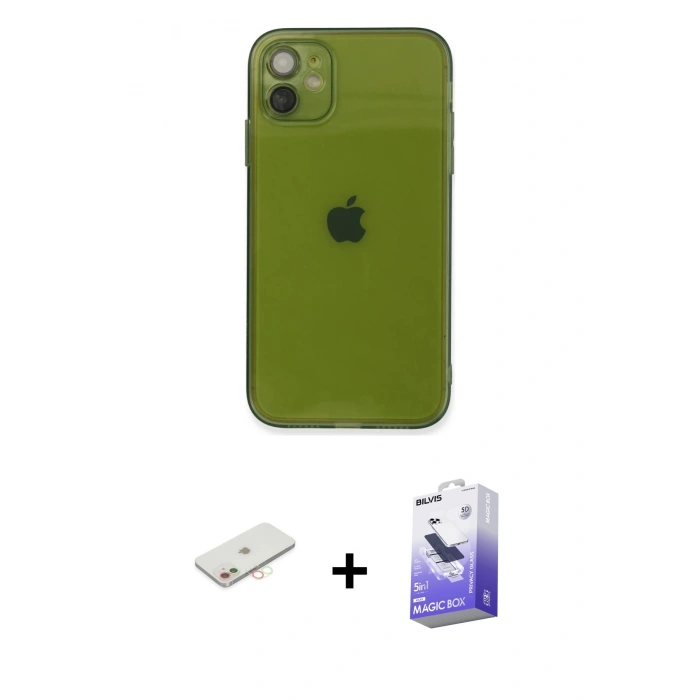 MARSİLYAN™- iPhone 12 Kılıf Ahenk Doku - Siyah Bilvis 5in1 5D Magic Hayalet Cam Ekran Koruyucu + Renkli Kamera Lens Koruma Cam - YL