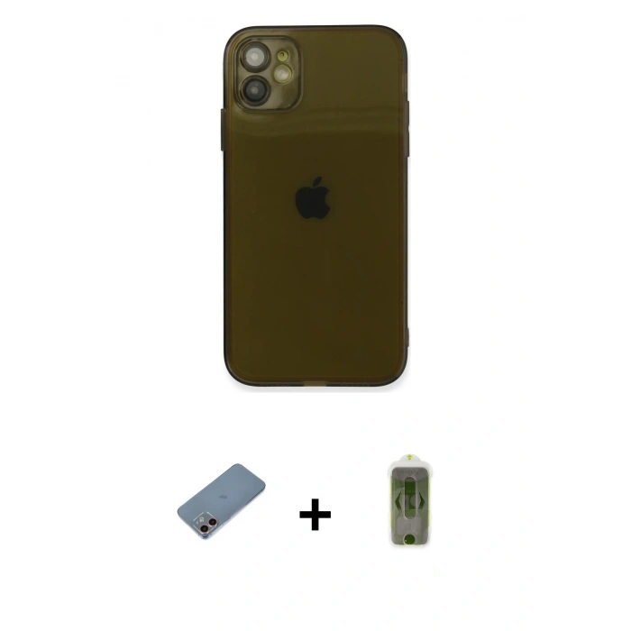 MARSİLYAN™- iPhone 12 Kılıf Ahenk Doku - Siyah Joko Magic 5D Hayalet Cam + Shine Kamera Lens Koruma Cam - PE