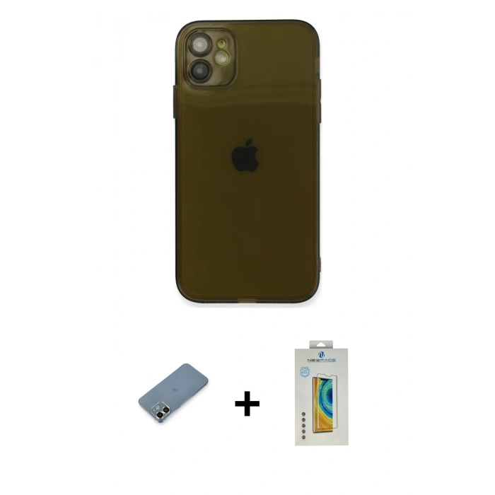 MARSİLYAN™- iPhone 12 Kılıf Ahenk Doku - Siyah Polymer Nano Ekran Koruyucu + Metal Kamera Lens Koruma Cam - AKYL