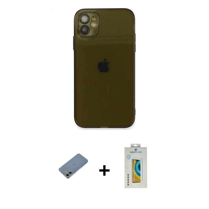 MARSİLYAN™- iPhone 12 Kılıf Ahenk Doku - Siyah Polymer Nano Ekran Koruyucu + Shine Kamera Lens Koruma Cam - GI