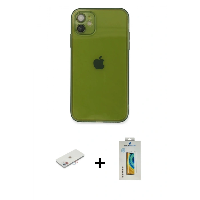 MARSİLYAN™- iPhone 12 Kılıf Ahenk Doku - Siyah Polymer Nano Ekran Koruyucu + Renkli Kamera Lens Koruma Cam - PE