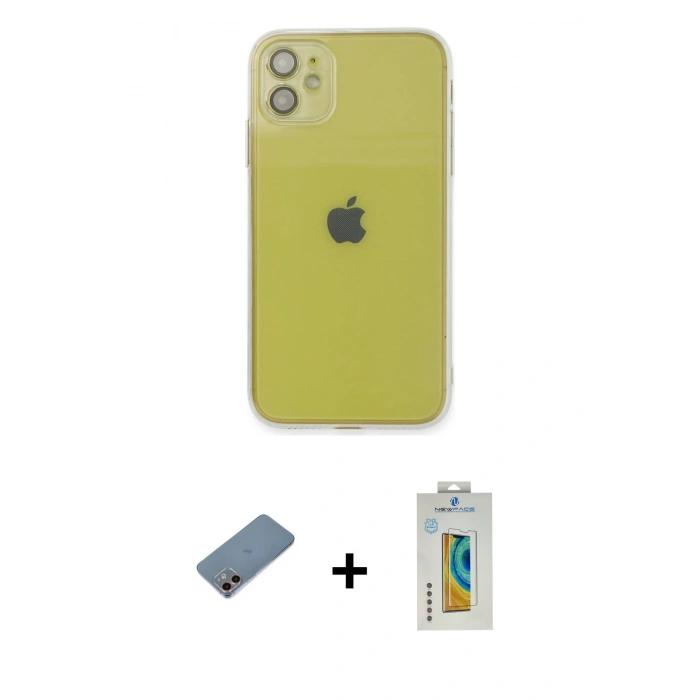 MARSİLYAN™- iPhone 12 Kılıf Ahenk Doku - Siyah Polymer Nano Ekran Koruyucu + Shine Kamera Lens Koruma Cam - PE