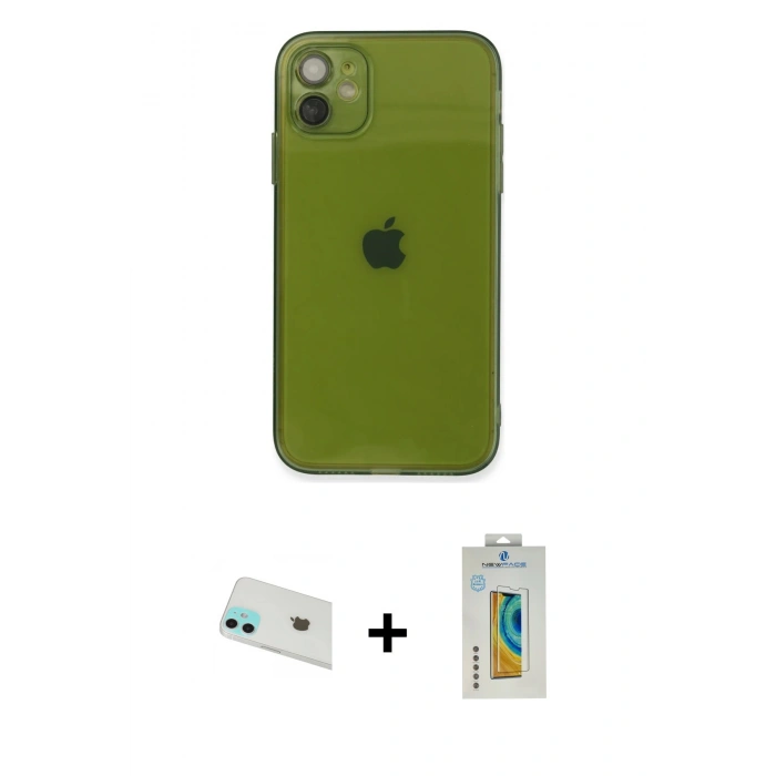 MARSİLYAN™- iPhone 12 Kılıf Ahenk Doku - Siyah Polymer Nano Ekran Koruyucu + Rainbow Kamera Lens Koruma Cam - YL