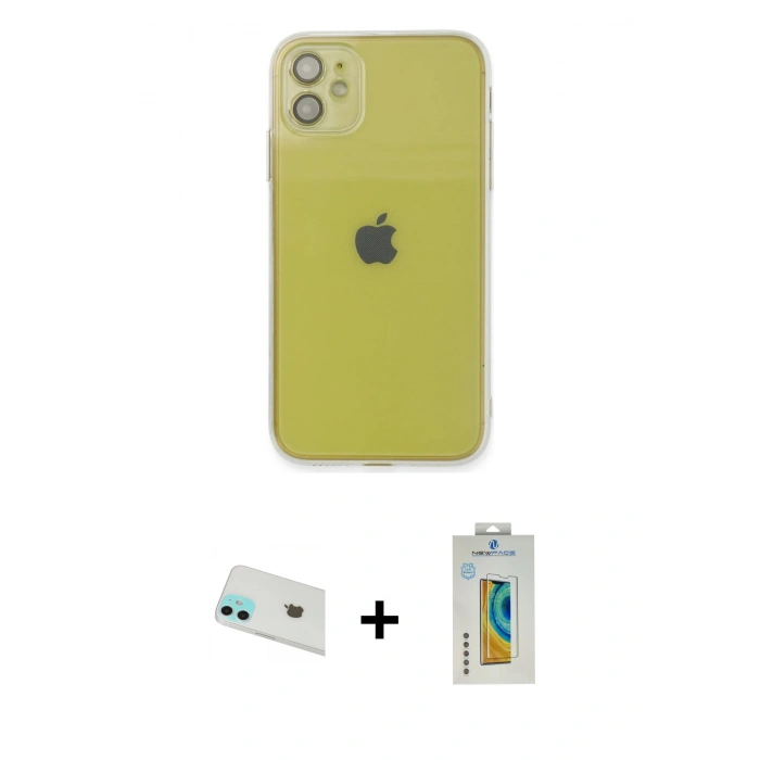 MARSİLYAN™- iPhone 12 Kılıf Ahenk Doku - Siyah Polymer Nano Ekran Koruyucu + Rainbow Kamera Lens Koruma Cam - YL