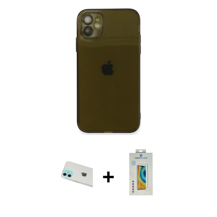 MARSİLYAN™- iPhone 12 Kılıf Ahenk Doku - Siyah Polymer Nano Ekran Koruyucu + Rainbow Kamera Lens Koruma Cam - YL