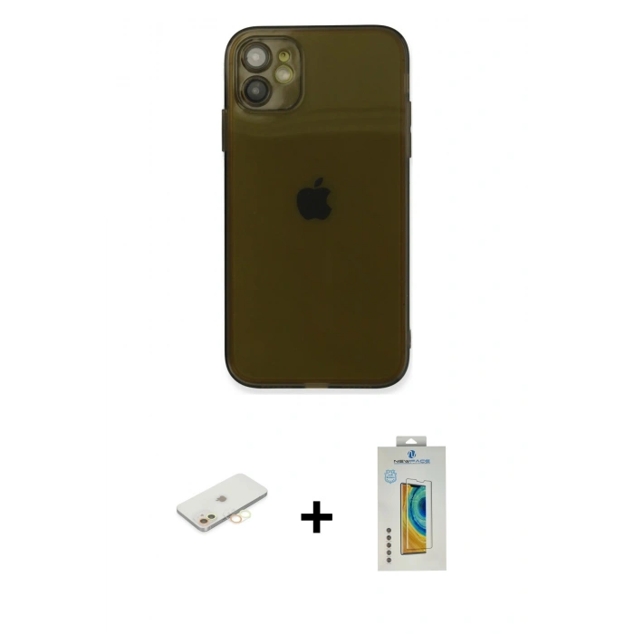 MARSİLYAN™- iPhone 12 Kılıf Ahenk Doku - Siyah Polymer Nano Ekran Koruyucu + Renkli Kamera Lens Koruma Cam - SI