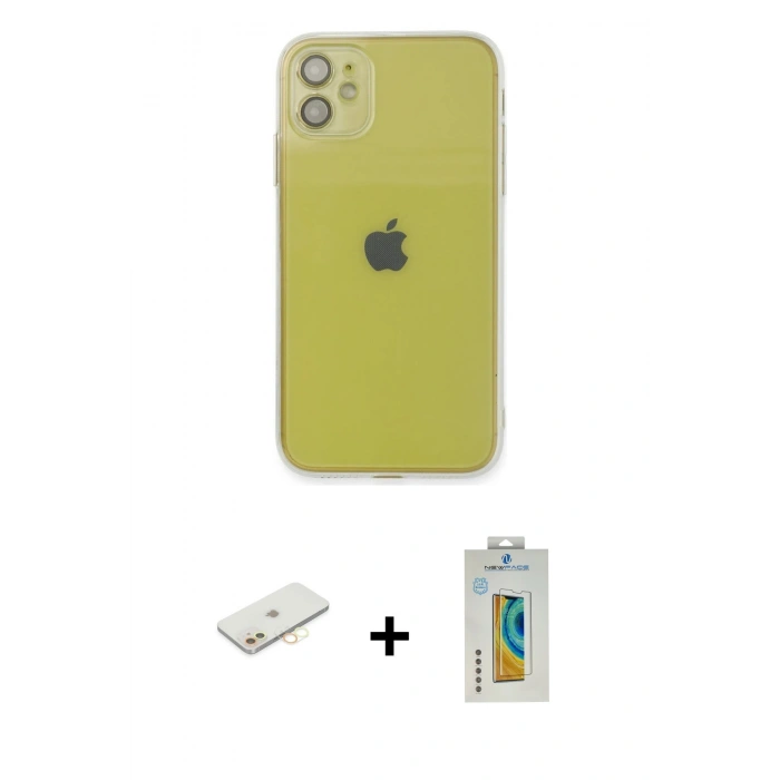 MARSİLYAN™- iPhone 12 Kılıf Ahenk Doku - Siyah Polymer Nano Ekran Koruyucu + Renkli Kamera Lens Koruma Cam - SI